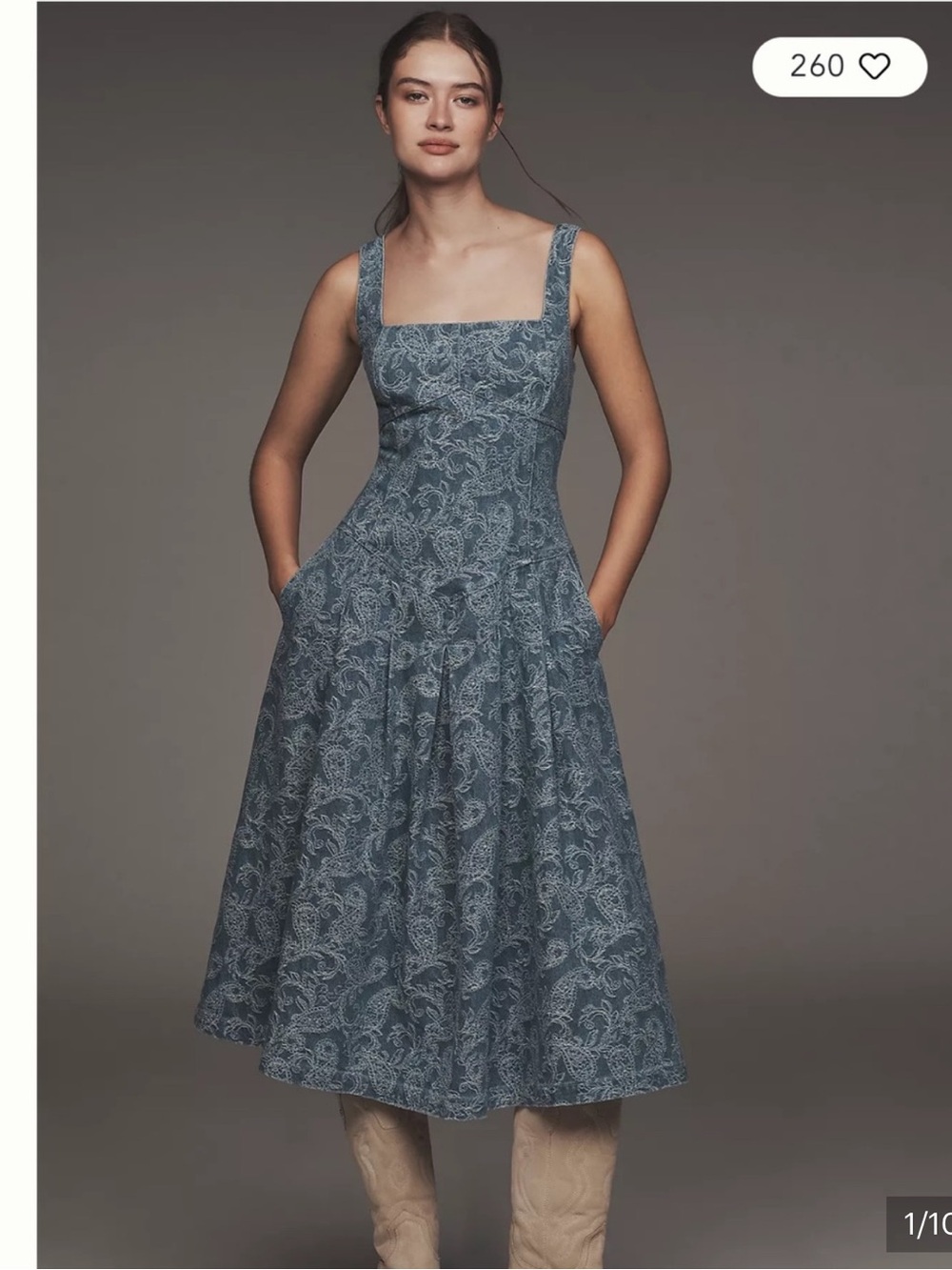 Avec Les Filles 🔥 Square neck Embroidered Denim Midi Dress
